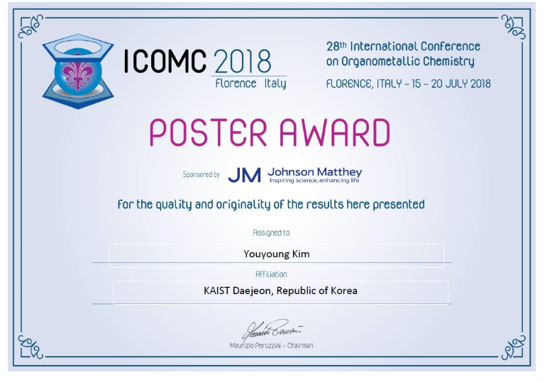 Youyoung received Poster award in ICOMC 2018, Florence Italy