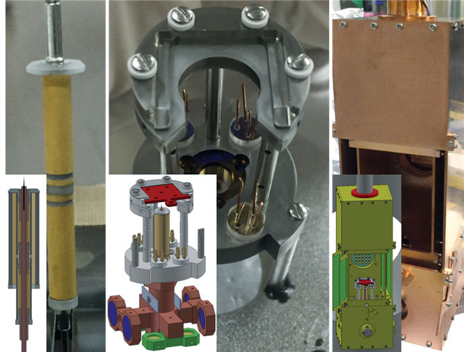 Figure 10. (left) tip coarse motion device, (middle) STM head, (right) thermal shields surrounding STM head.