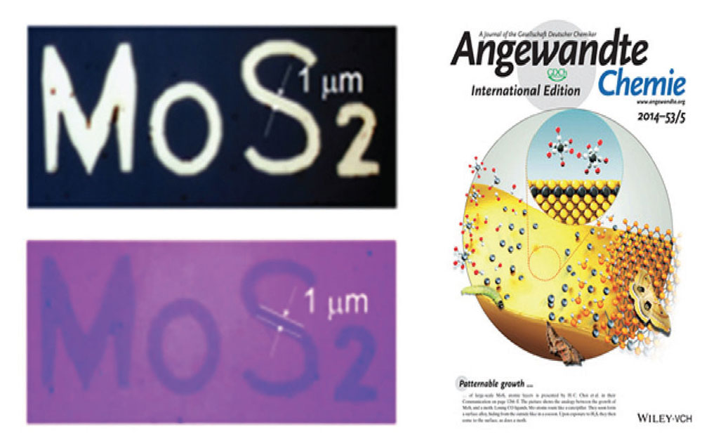 Figure 5. MoS2라는 글자 모양으로 증착한 금 박막과 그 위에 성장하여 분리한 2차원 이황화몰리브덴 박막 (왼쪽) 및 본 연구결과가 소개된 앙게반테케미 지 1월호 표지 (오른쪽).